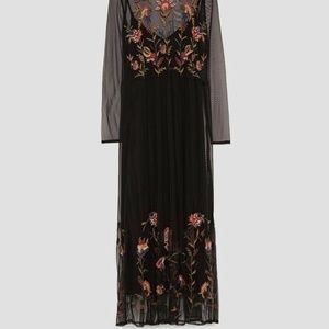 ZARA SHEER TULLE FLORAL EMBROIDERED MIDI DRESS